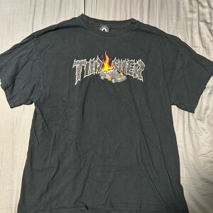 Thrasher Black Tee with Flaming Car Graphic